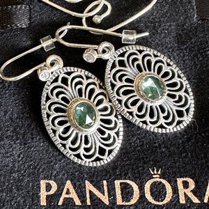 PANDORA VINTAGE ALLURE Earrings Spinel Green Stones, .925 intricate filigree 💎